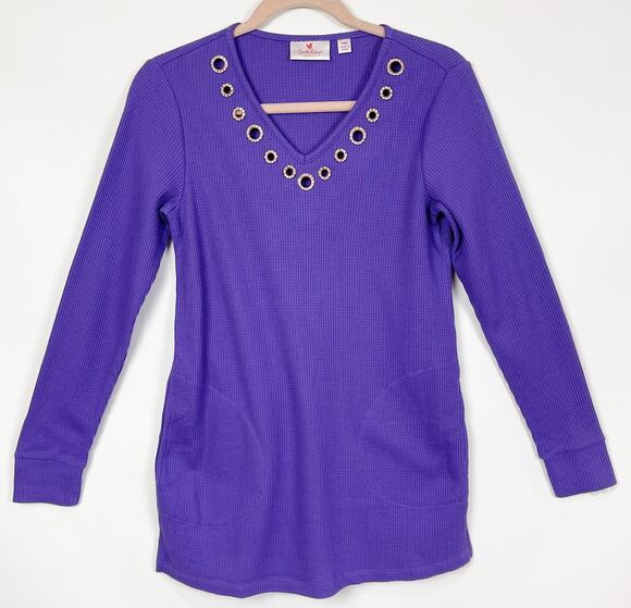 Quacker Factory Tops - Quacker Factory Womens Knit Tunic Top XXS Purple V-Neck Long Sleeve Waffle NWOT